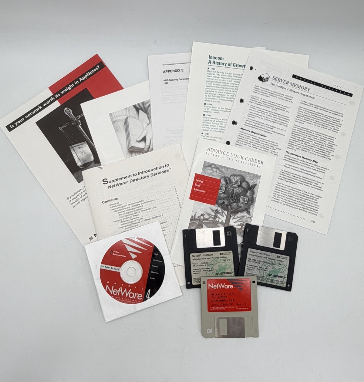 NOVELL Netware 4 CDs Client Software Operating System Online Floppy Discs Lot