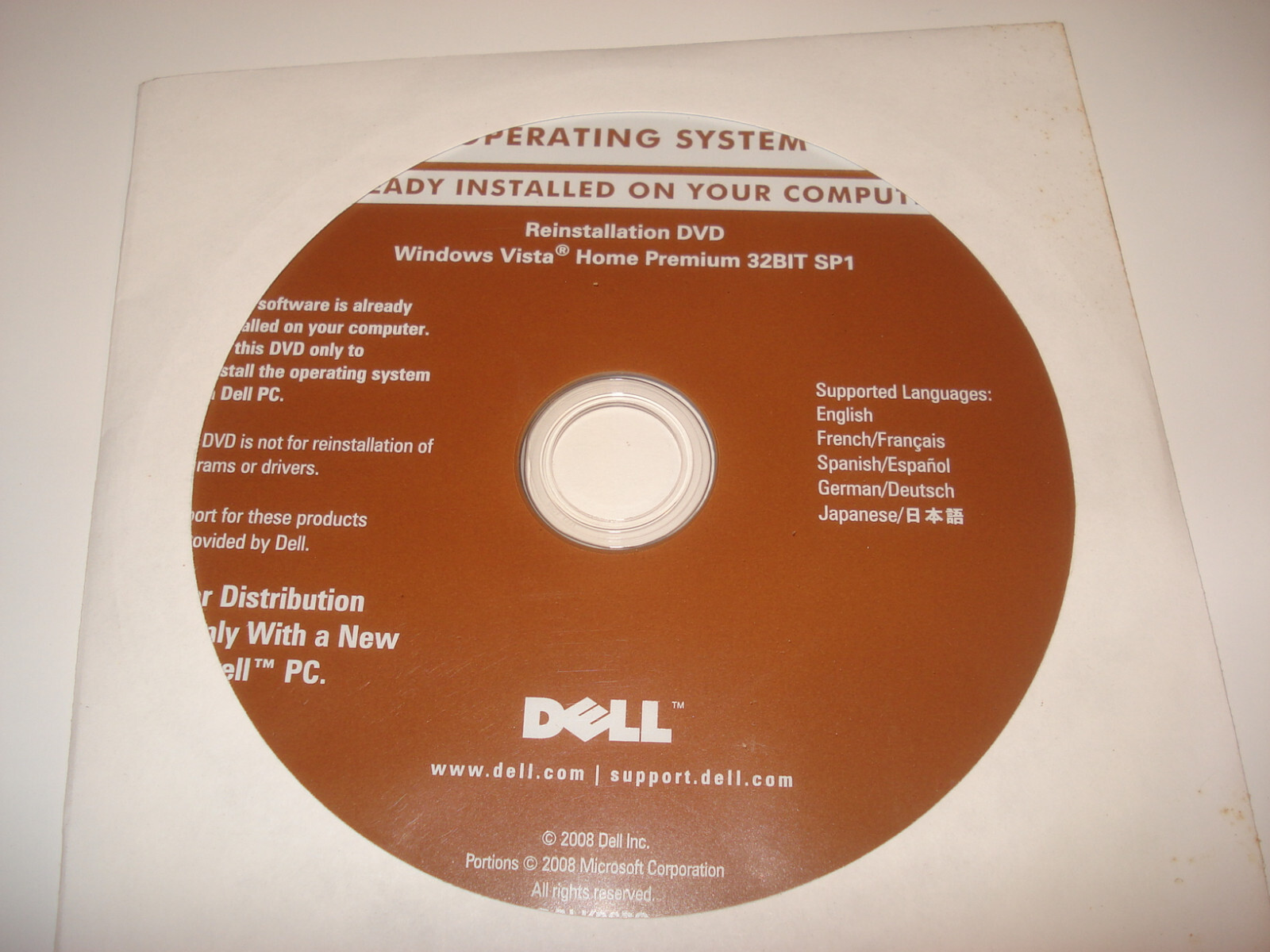 Dell Operating System Reinstallation DVD Windows Vista Home Premium 32Bit SP1