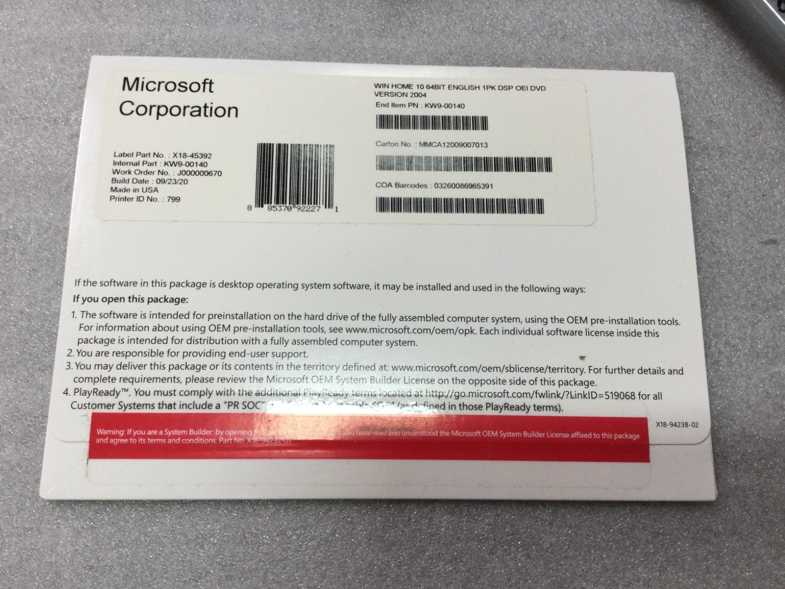 Win 10 Home 64 bit DVD with Product License Key- New