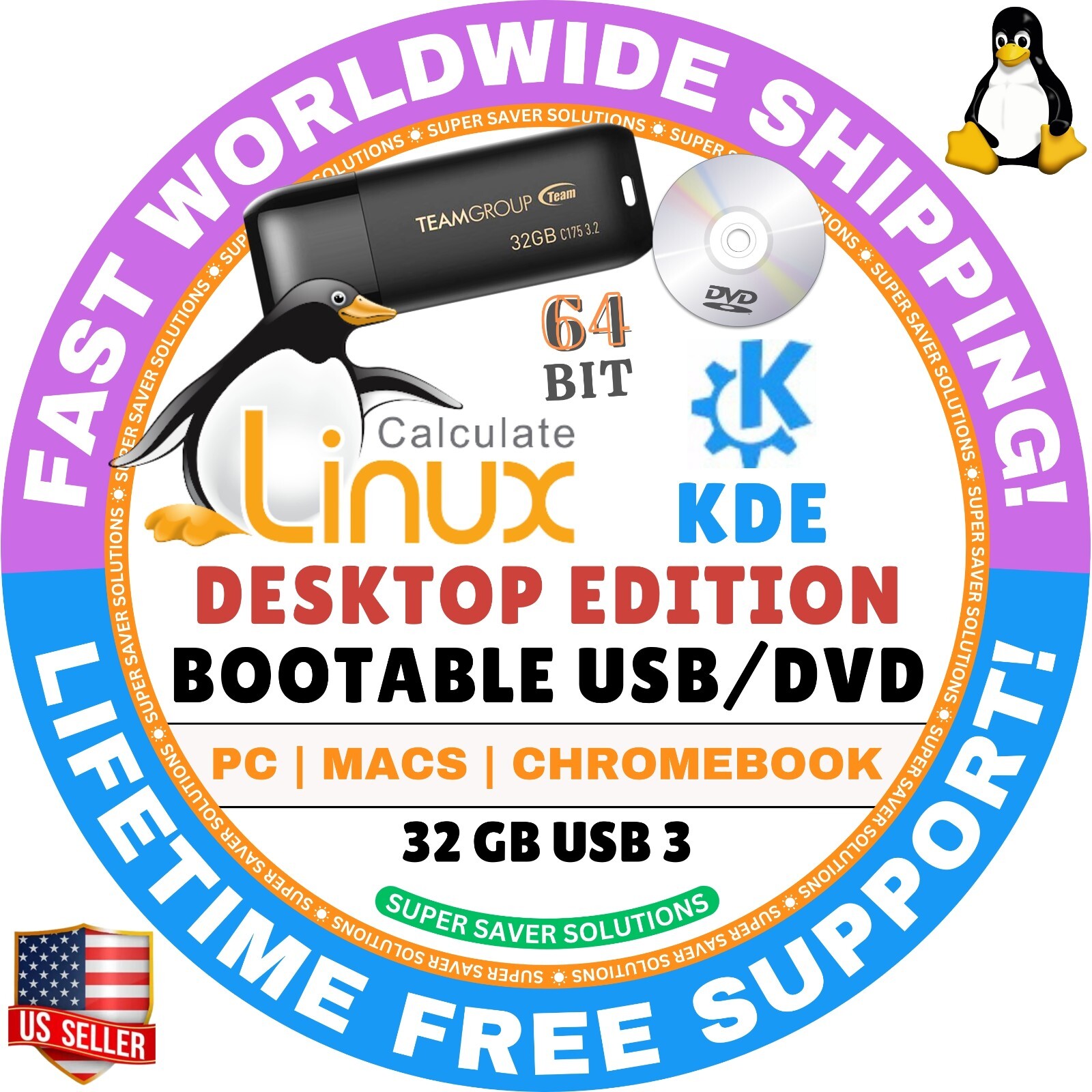 CALCULATE LINUX OS, ALL VERSIONS, LIVE/FULL, BOOTABLE USB/DVD 64-BIT FAST SHIP