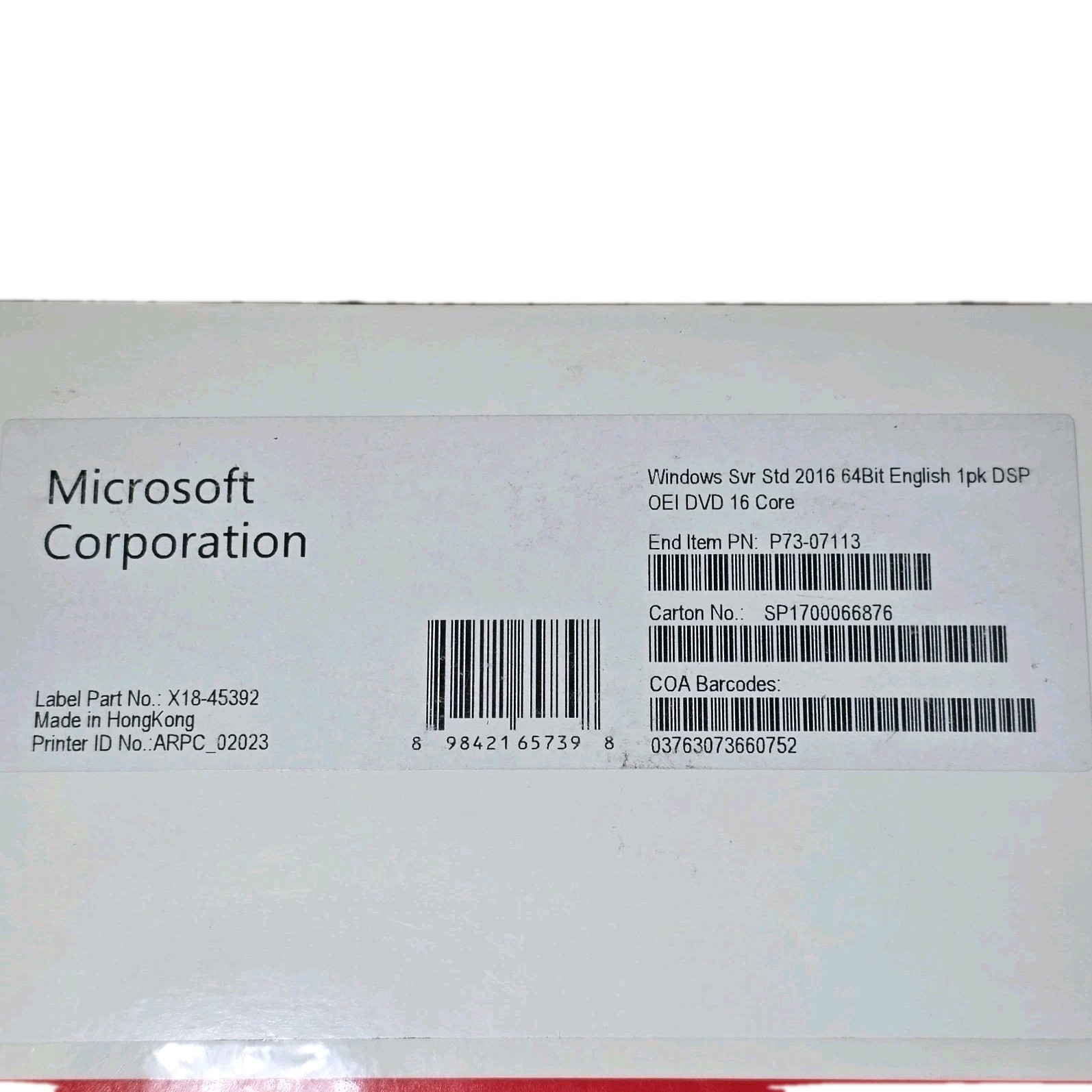 Microsoft Windows Server Standard 2016 64-bit DVD – P7307113 – 16 CORE BASE OEM