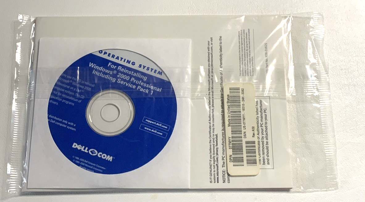 Dell Windows 2000 Reinstallation CD W2K + SP1 Operating System Disc – Sealed