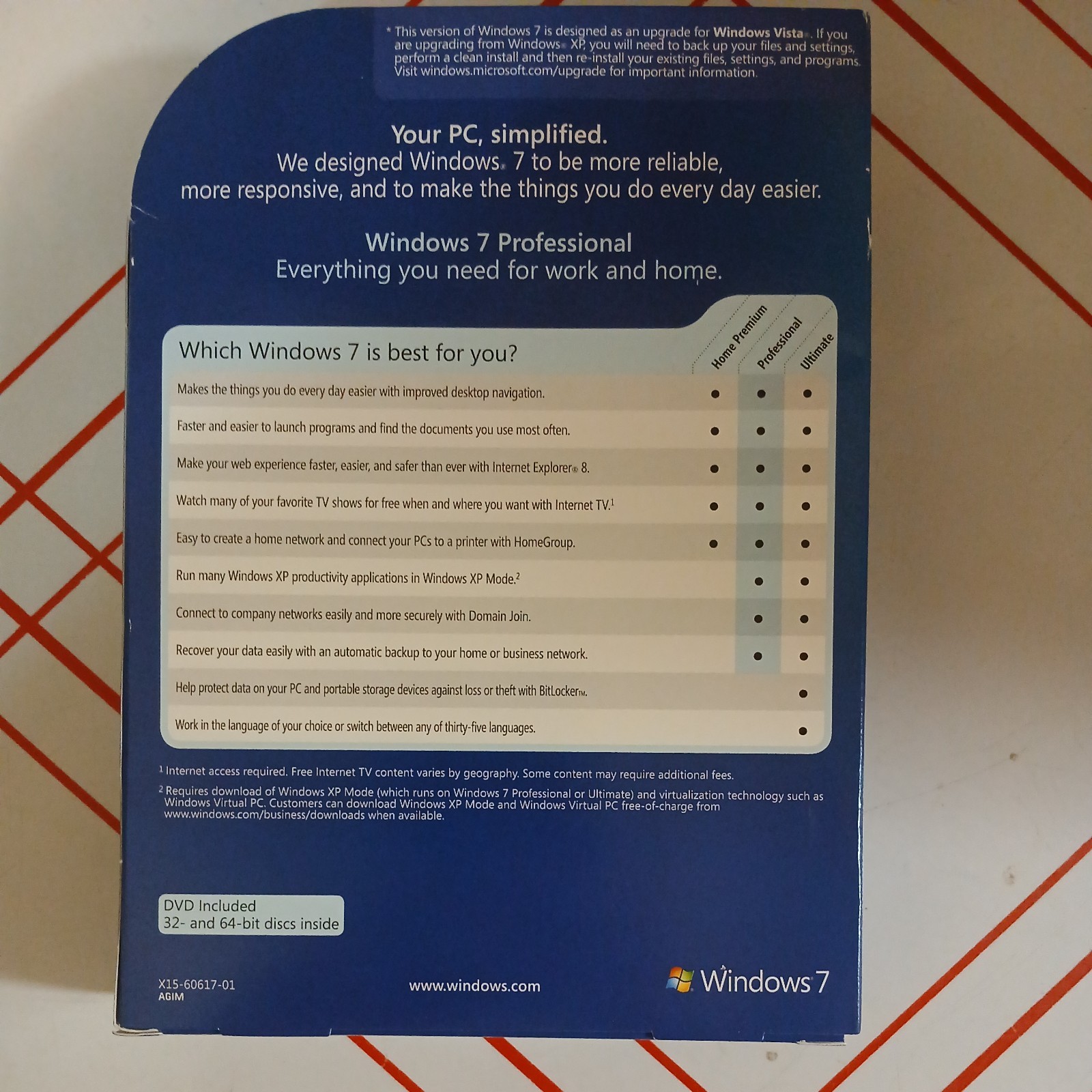 Microsoft Windows 7 Professional Upgrade 32/64 DVD with Key in Retail Box