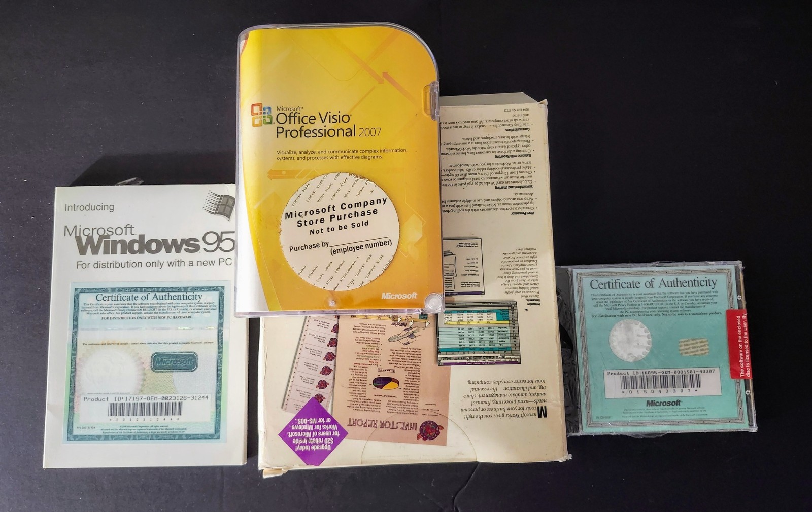 Microsoft Windows 95 Works Money 3.0 Office Visio 2007 4X combo SEALED COA’S