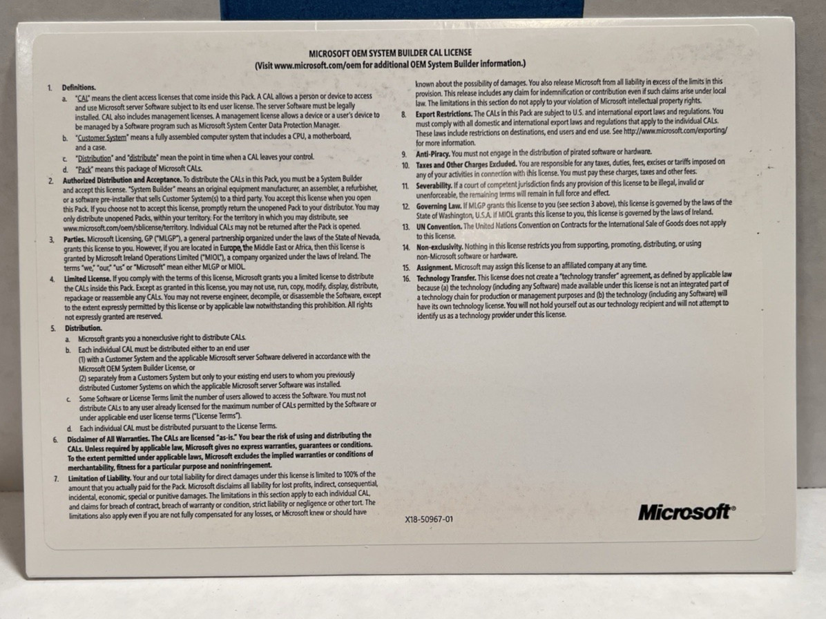Microsoft Windows Server 2016 5 User CAL OEM DSP Client Access License R18-05244