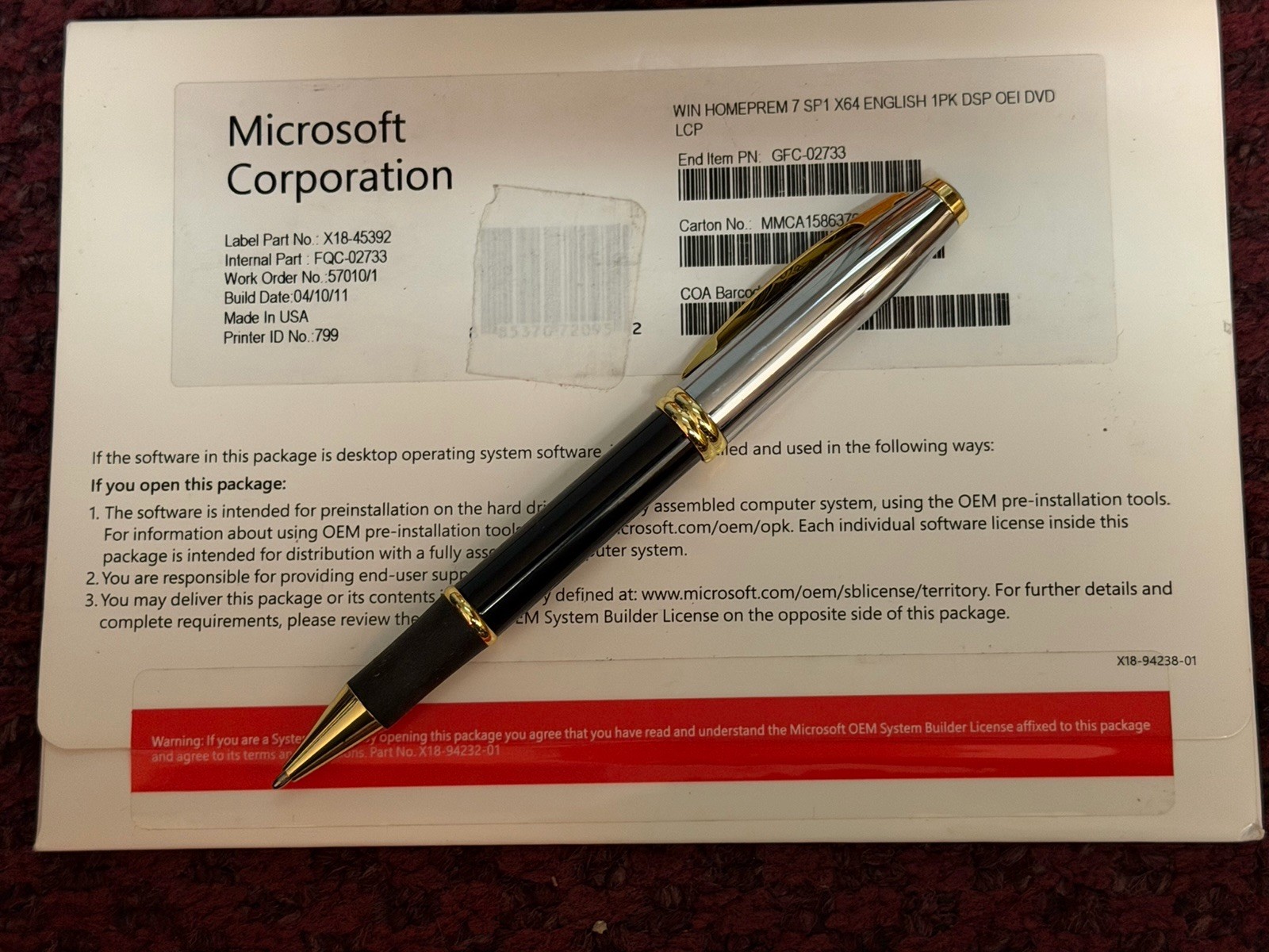 Microsoft Windows 7 Home Premium X64 bit* English *1PK* GFC-02733*FREE SHIPPING