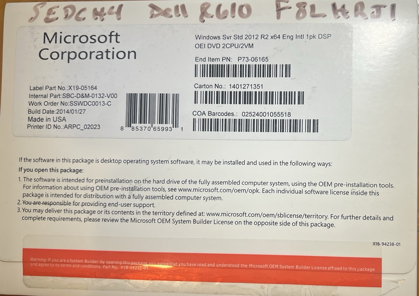 Lot of 7 Microsoft Windows Server 2012 R2 & 2016 OEM DVD Media Used AS-IS