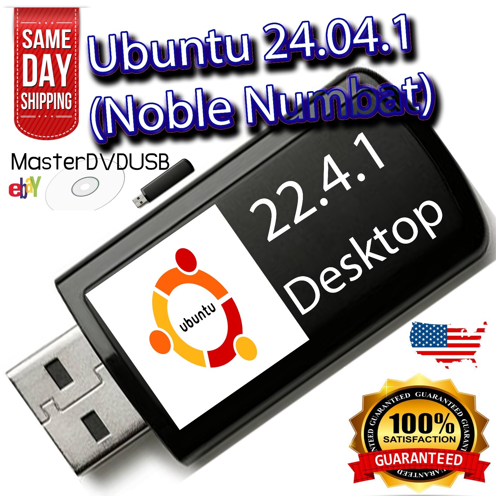 Ubuntu Linux 24.04.1 Desktop Live/Installer 8GB USB High Quailty Metal USB