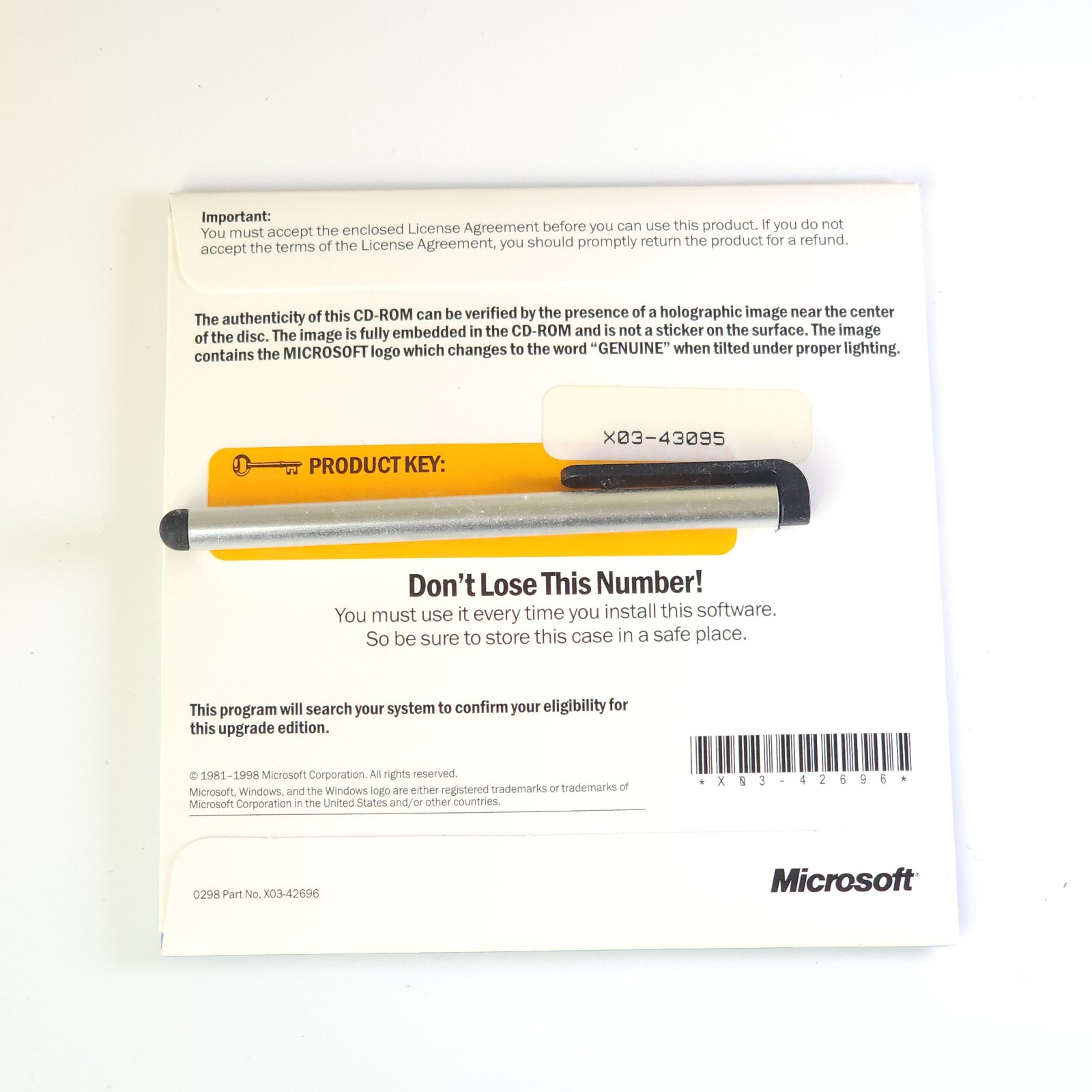 Microsoft Windows 98 Upgrade For Windows Users CD-ROM USED