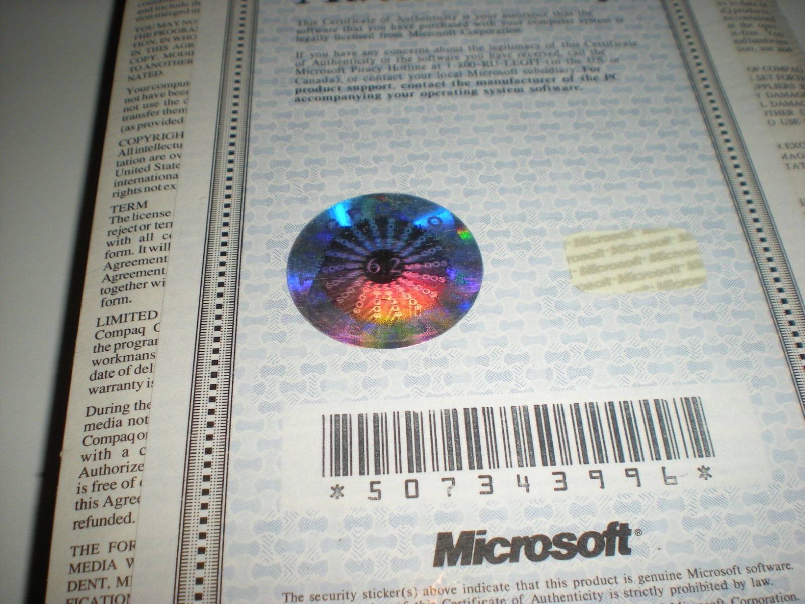 Microsoft MS-Dos 6.2 with Windows 3.1 license pak & manual. No disks. Genuine