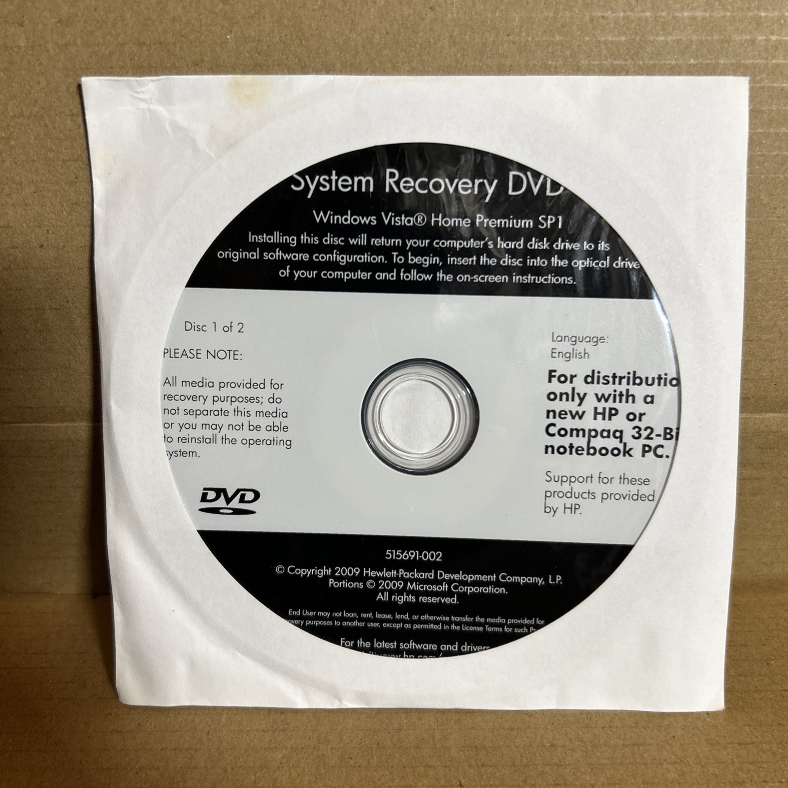 HP Compaq Windows Vista Home Premium SP1 Recovery DVD 32-Bit Disc 1 of 2 OEM
