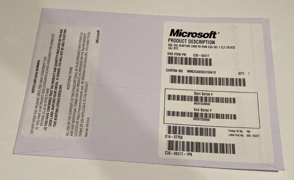 SQL CAL Runtime 2008 R2 EMB ESD OEI 1 CLT DEVICE C30-00317