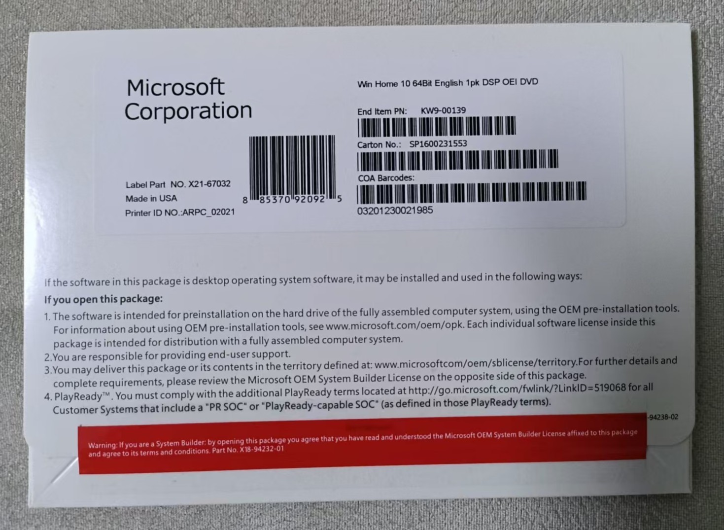 Win 10 Home 64 bit DVD& Product Key Factory Sealed**Free Ship**
