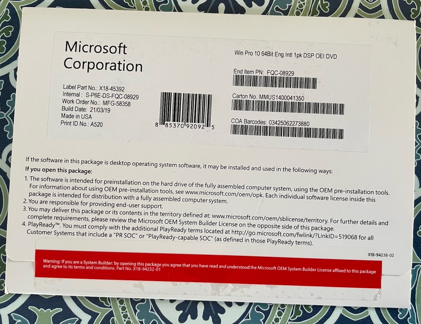 Microsoft Windows Pro 10 64bit English Installation Disc (SEALED)