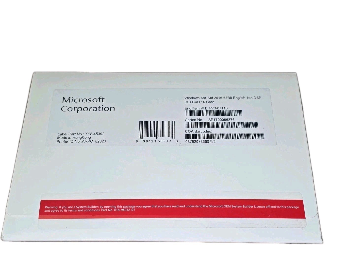 Microsoft Windows Server Standard 2016 64-bit DVD – P7307113 – 16 CORE BASE OEM