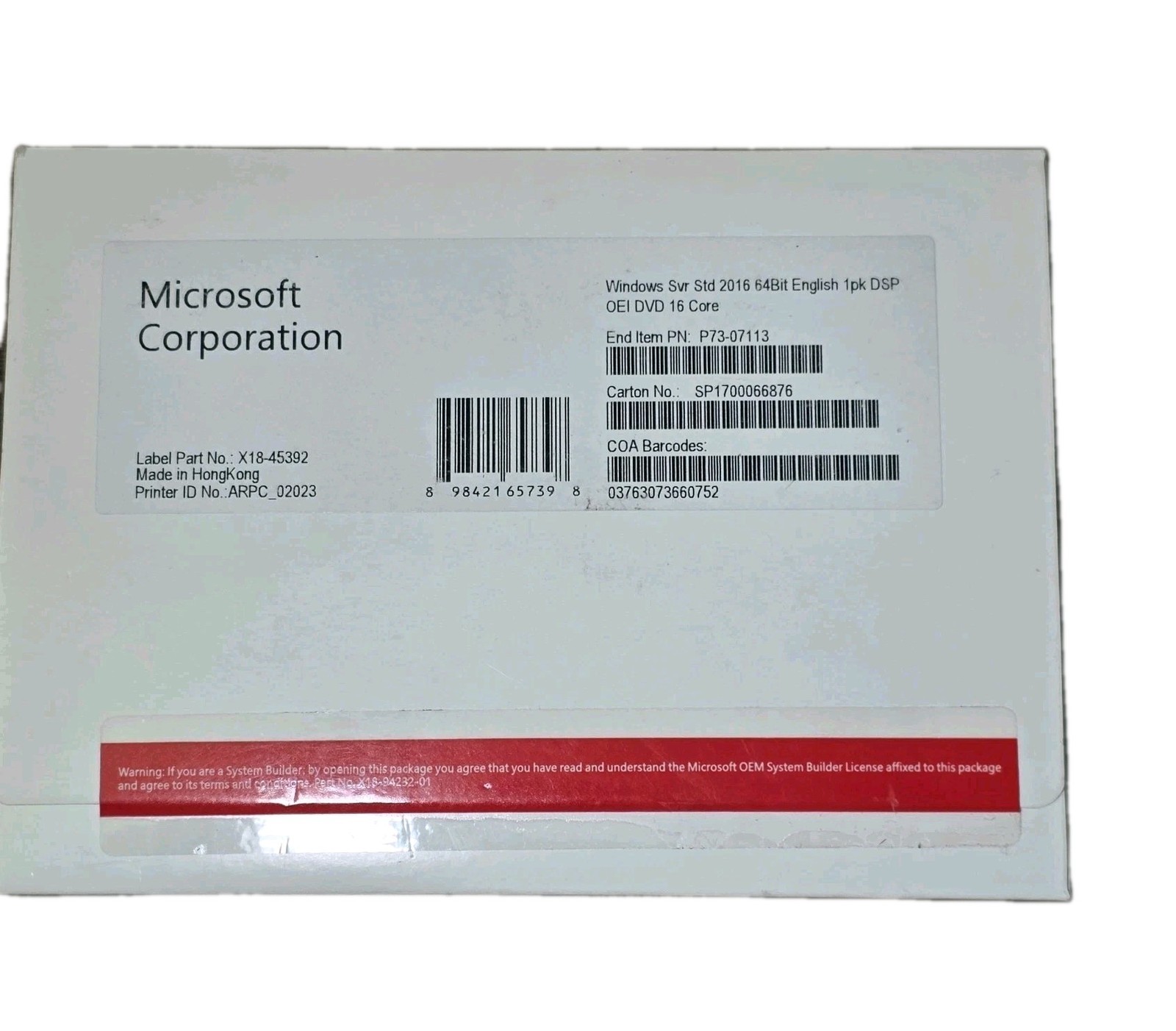 Microsoft Windows Server Standard 2016 64-bit DVD – P7307113 – 16 CORE BASE OEM