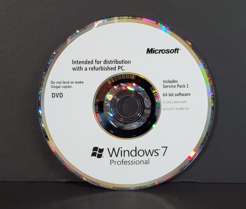 Microsoft Windows 7 Professional w/SP1 64 Bit DVD 2011 Refurbished PC *NO KEY*