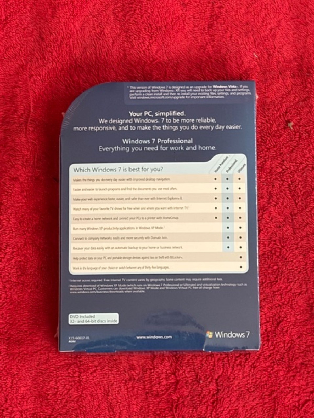 NEW Microsoft Windows 7 Professional Upgrade 32 & 64 Bit DVDs =SEALED RETAIL BOX