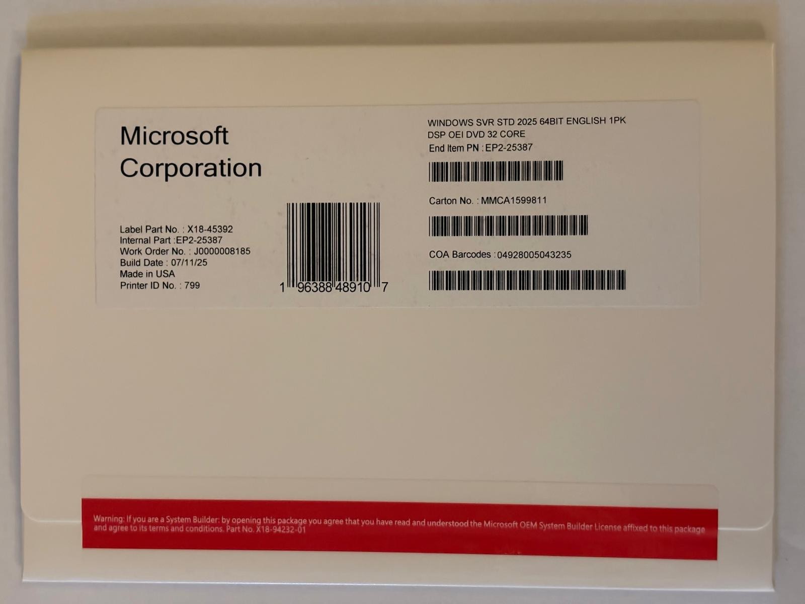 Microsoft Windows Server 2025 Standard 64Bit 32 Core DVD-Product Key