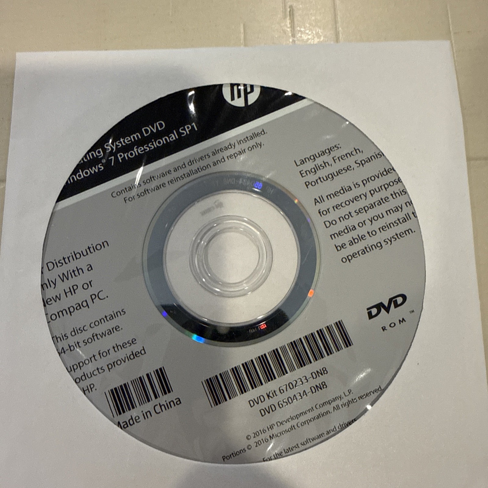 HP Operating System DVD Windows 7 Pro Sp1 64-bit No PRODUCT KEY System Recovery