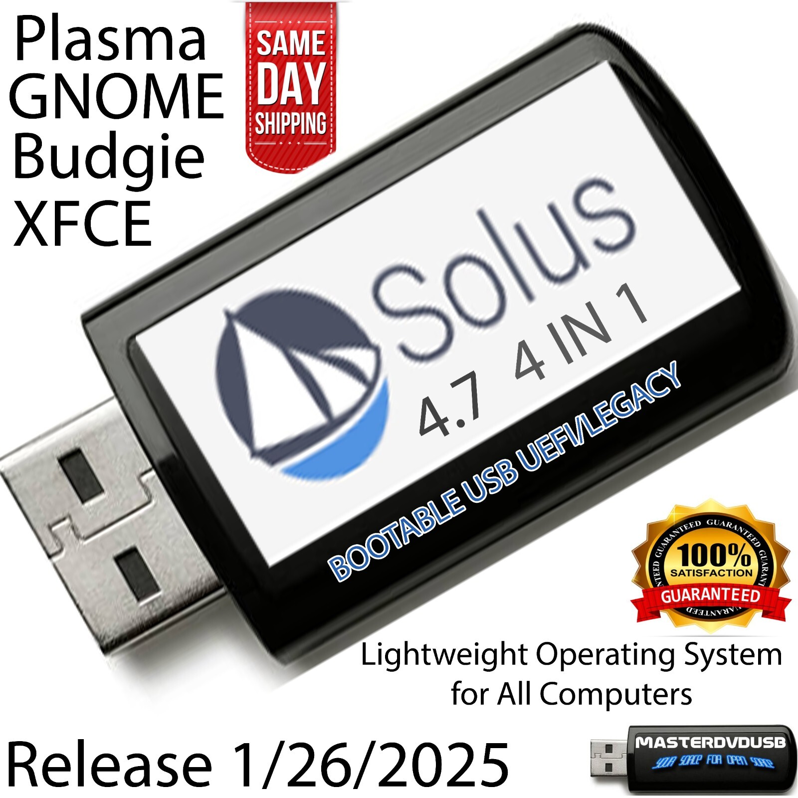 Solus 4.7 4-IN-1 Bootable USB – Plasma, GNOME, Budgie, XFCE Lightweight FAST OS