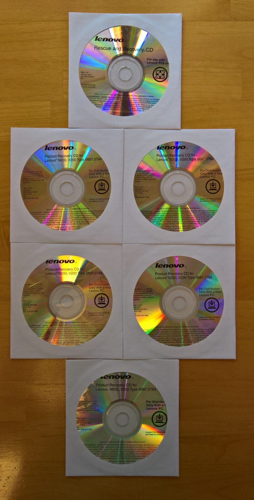 1 Lenovo Rescue and Recovery CD & 5 Product Recover CDs for N200, V200 0687 0764