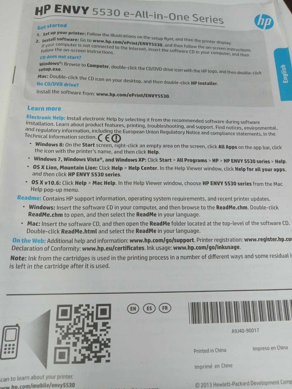 HP ENVY 5530e All-in-One Series Software Installation Disc with Instruction Book
