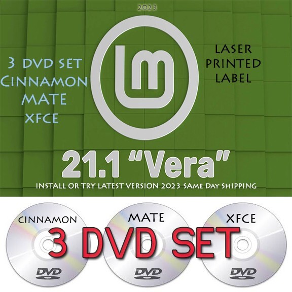 Linux Mint 21.1 LTS 2023 „3”DVD SET Cinnamon, MATE, XFCE, Laser Printed USA AAA