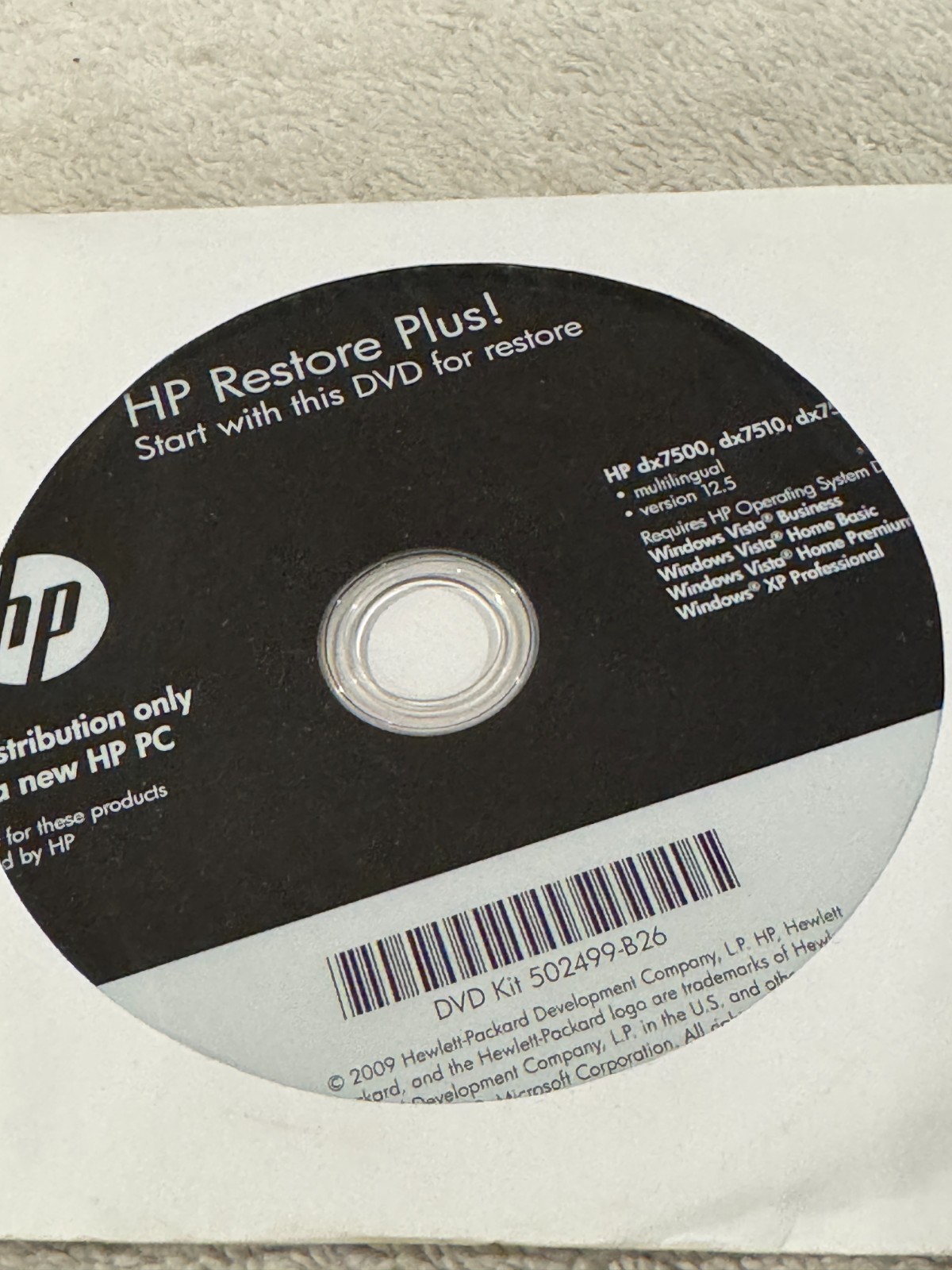 HP Restore Plus! HP dx7500 dx7510 dx7518 – CD ONLY IN GOOD CONDITION!!!