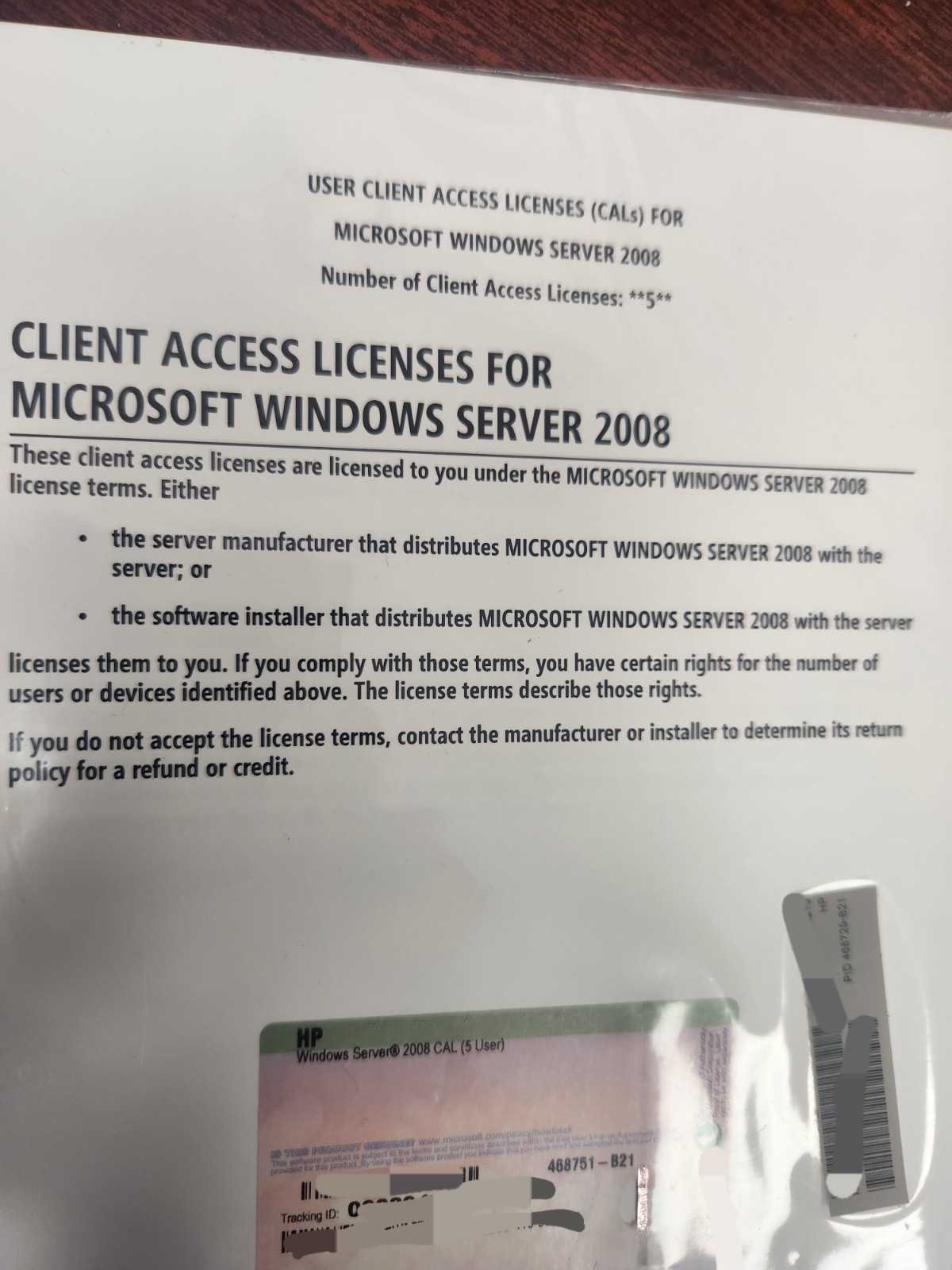 Windows Server 2008 5 User CAL License 468751-B21 R18-02503 Client Access Key
