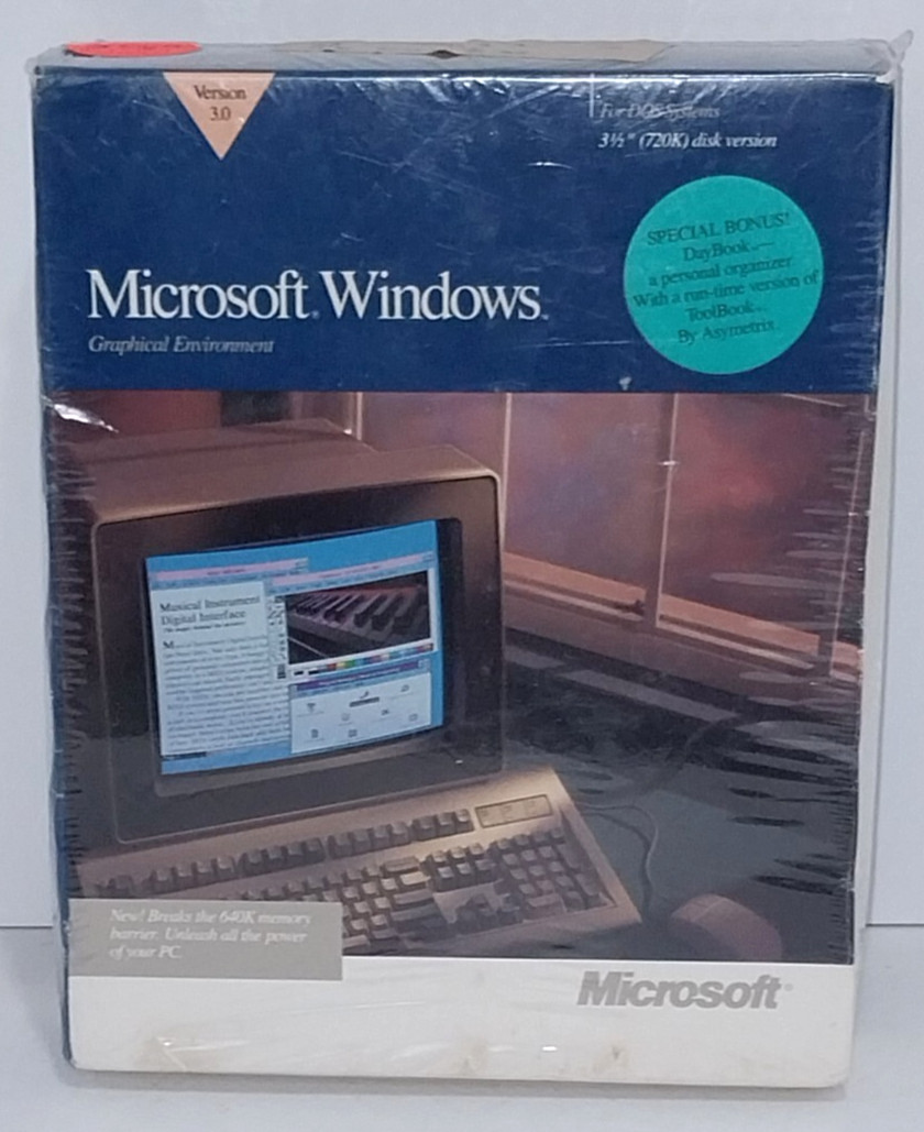 New Sealed Microsoft Windows 3.0 For DOS Systems, 3.5″ (720K) Disk Version, 1990