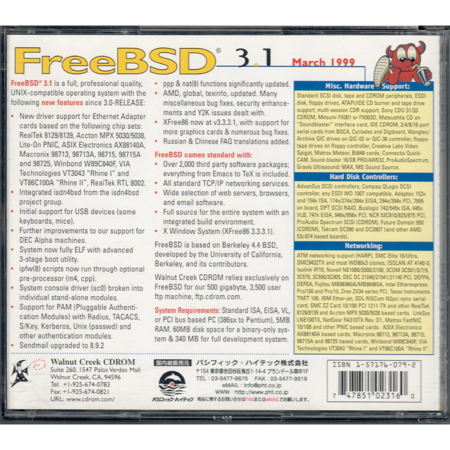 FreeBSD 3.1 UNIX Operating System Install 4 CDs Walnut Creek CDROM March 1999