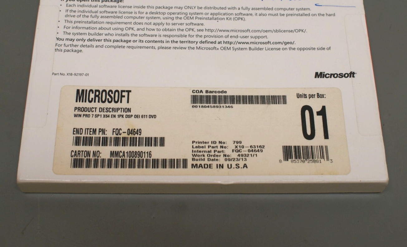 Microsoft Windows 7 Pro SP1 X64 English DSP OEI 611 DVD 1A