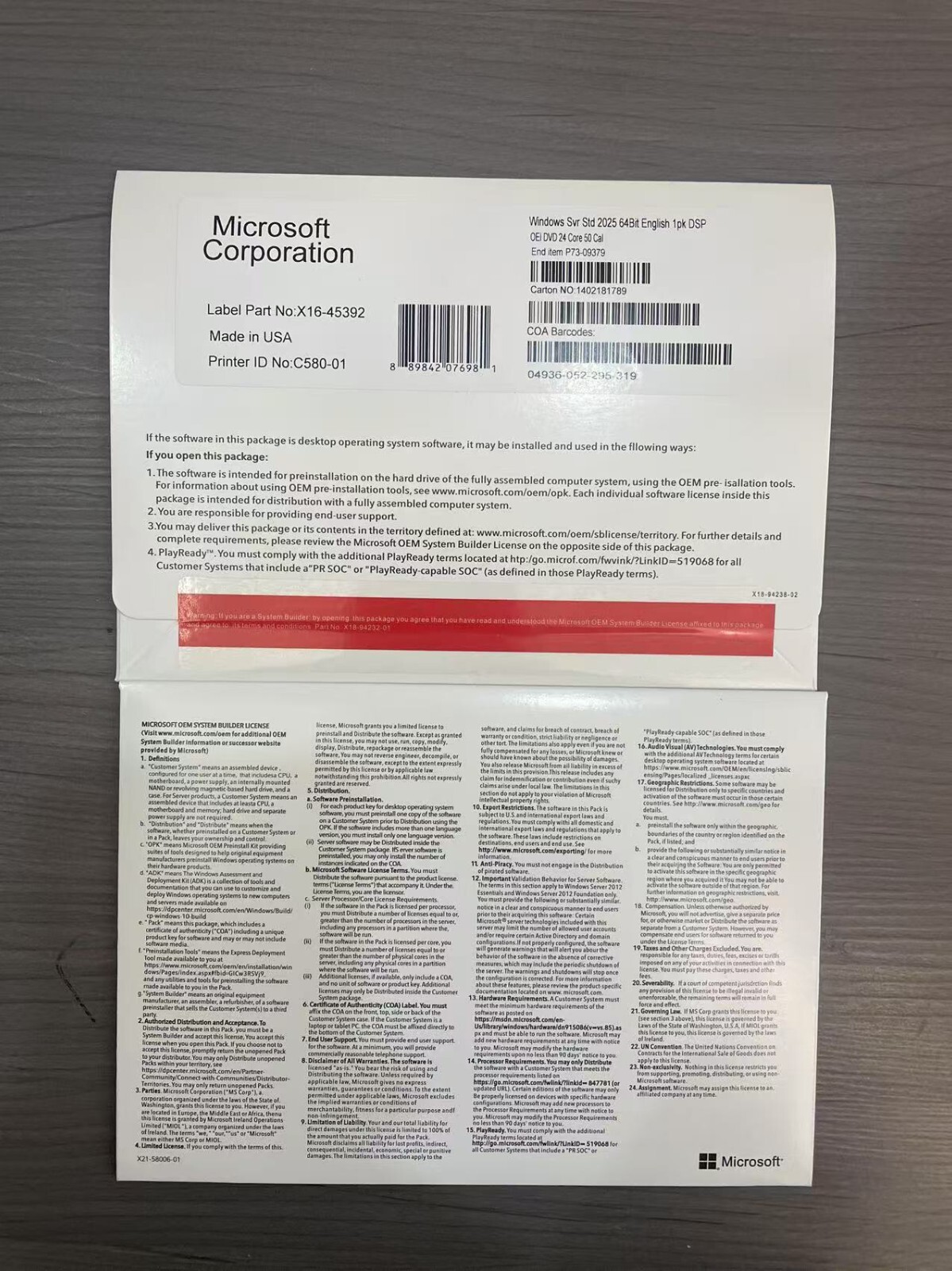 Microsoft Windows Server 2025 Standard 64Bit 24 Core 50 CALs DVD + License Key