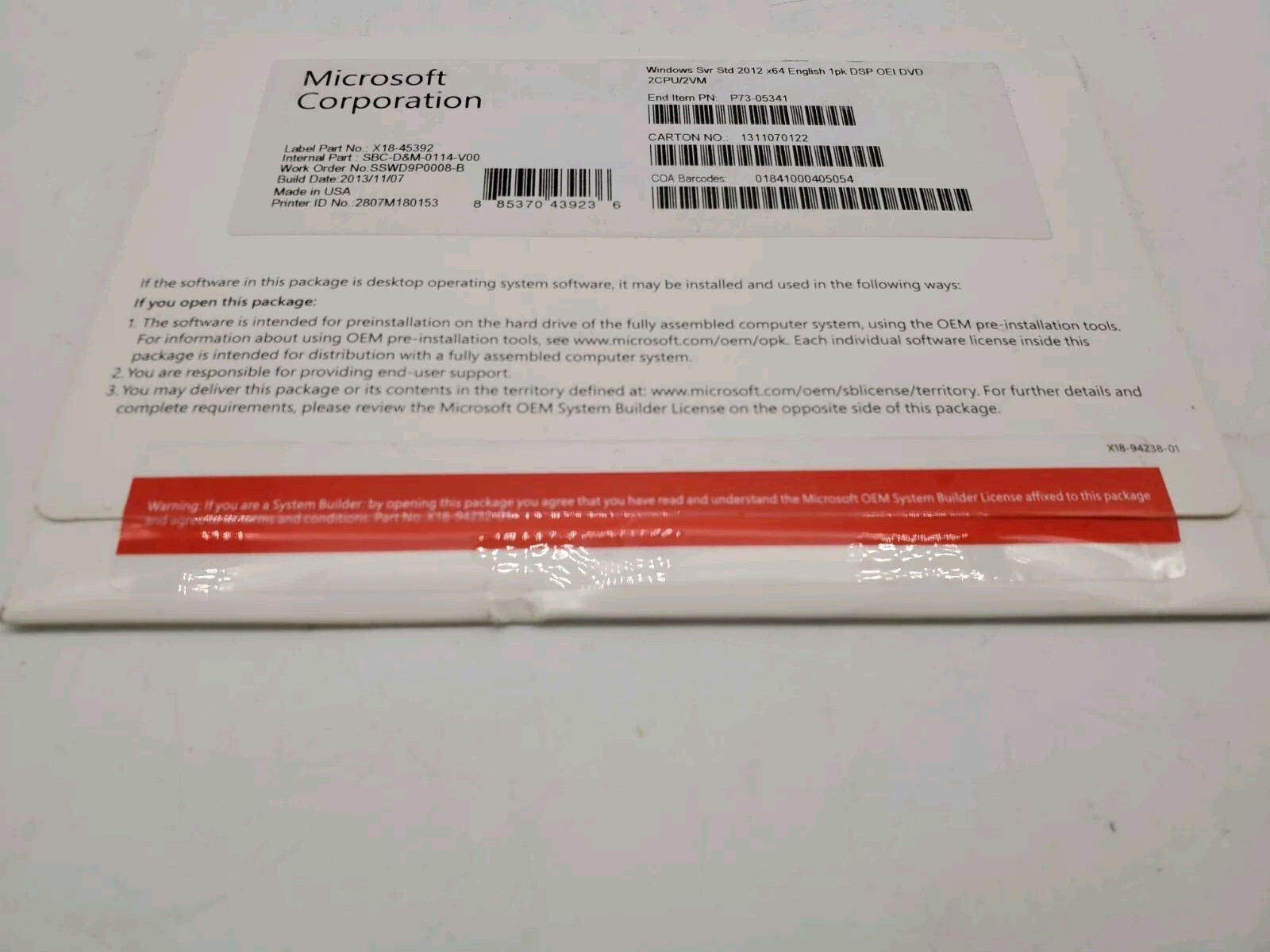 Microsoft Windows SVR STD 2012 x64 English Software DVD 2CPU/2VM