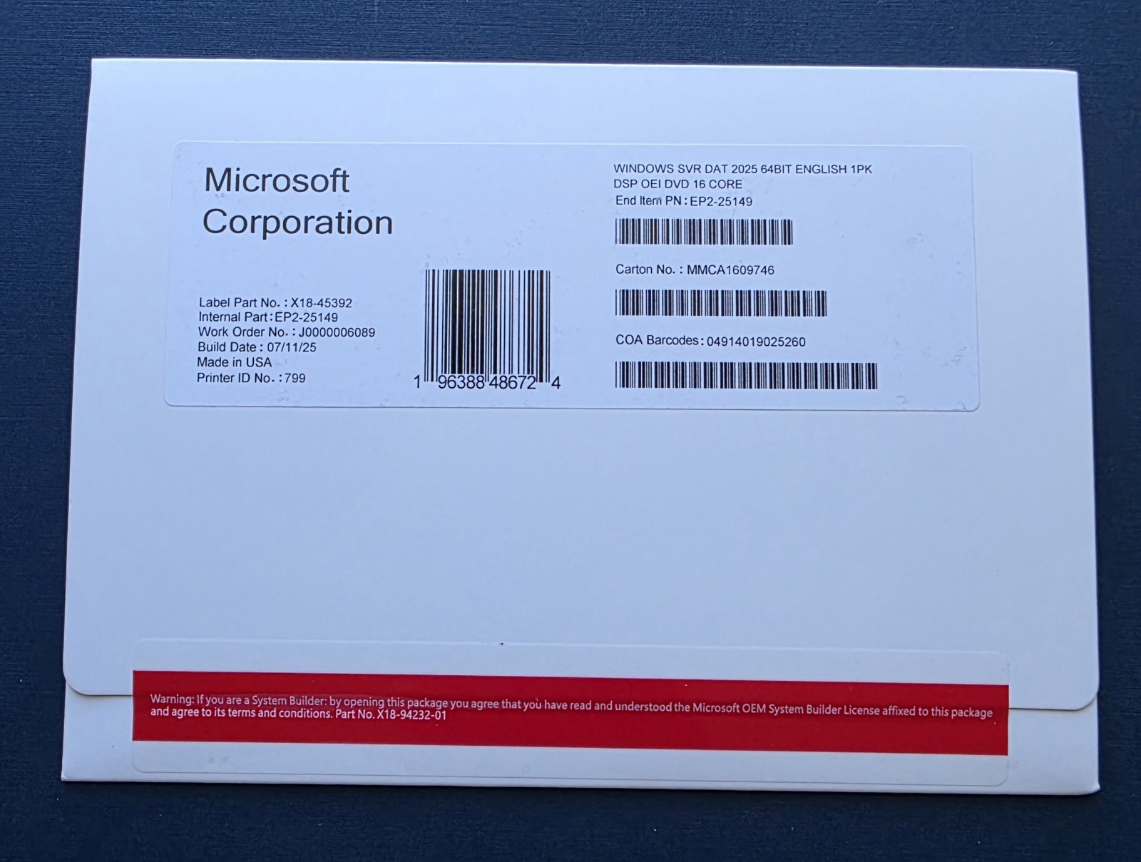 Microsoft Windows Server 2025 Datacenter 16 Core DVD + Sealed Key