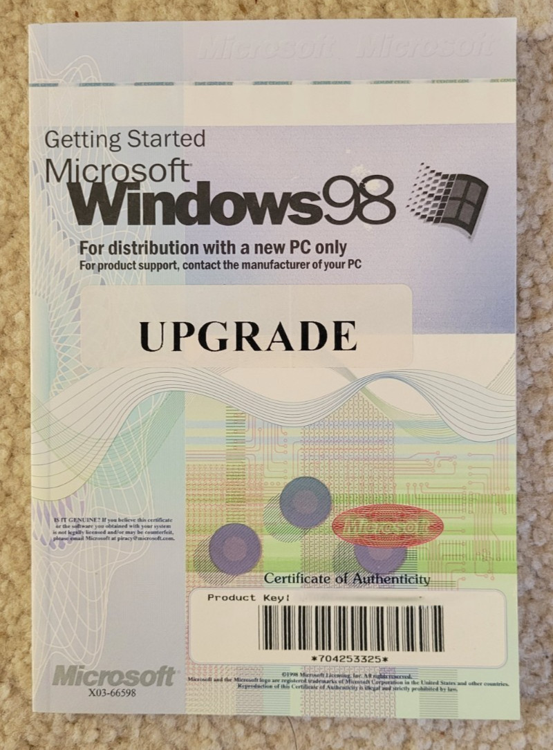 VINTAGE Microsoft Windows 98 Upgrade CD & Manual with Product Key