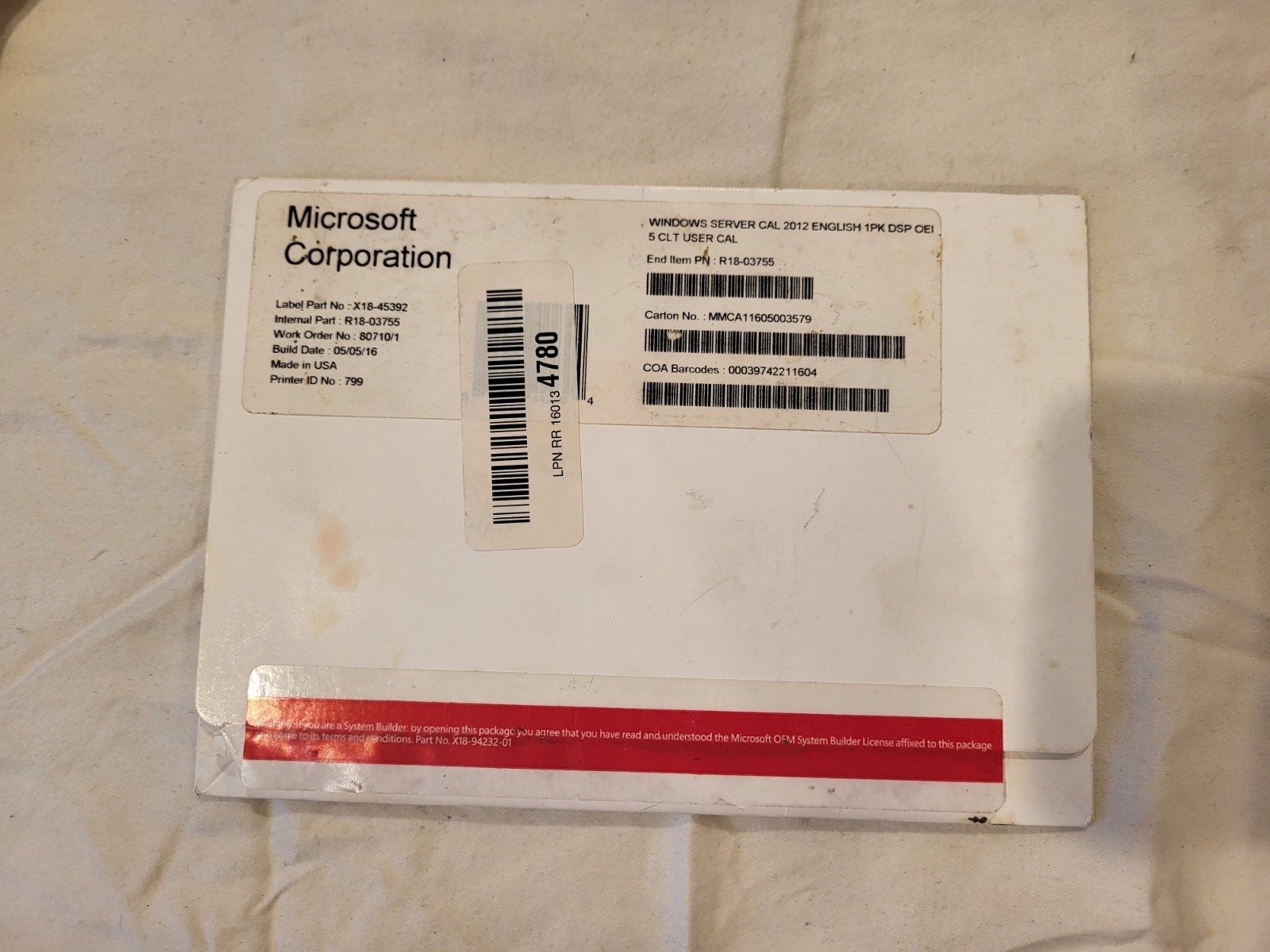 Microsoft Windows Server Cal 2012 English 1PK DSP OEI 5 CLT User Cal