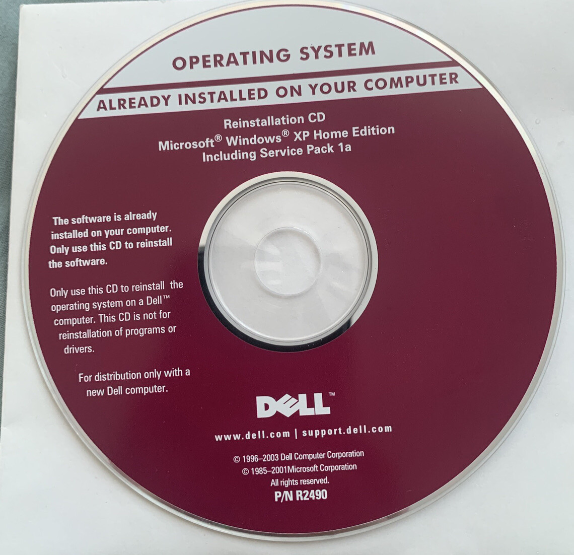 Microsoft Windows XP Home Edition for Dell Reinstallation CD PN: R2490. NEW