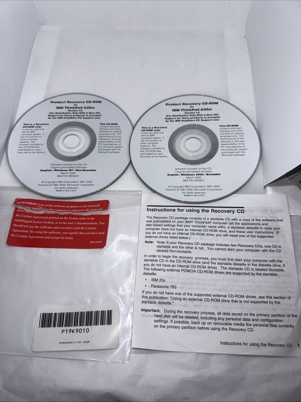 IBM Thinkpad A20m Version 1.0 Product Recovery CD-ROM 1 Windows NT And 1 2000