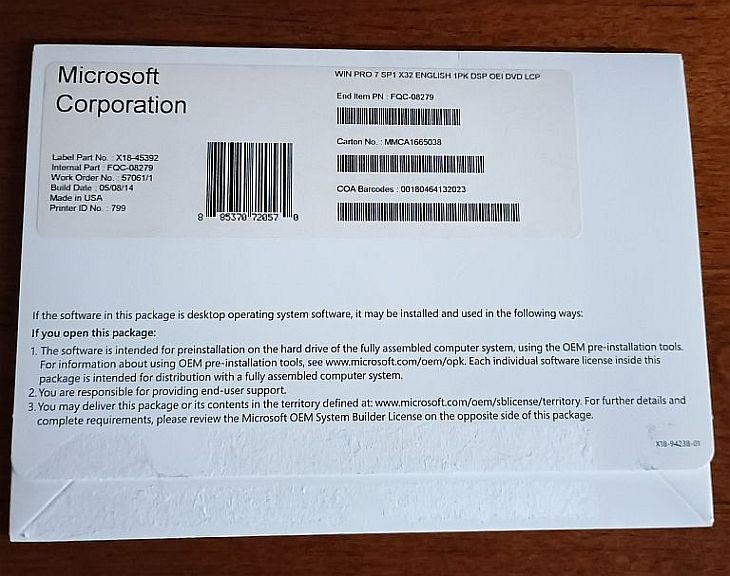 Microsoft Windows 7 Professional SP1 32-bit OEM DVD English 1 PC