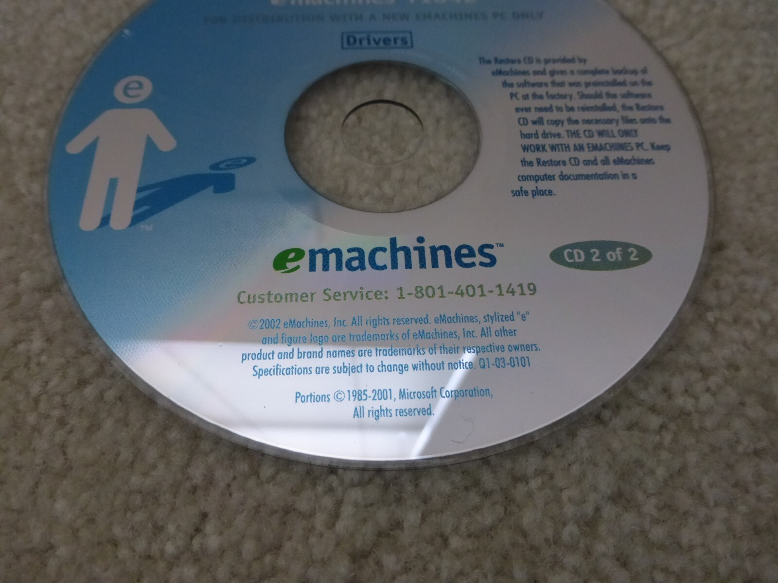 eMACHINES RESTORE BOOTABLE CD DISC VER 1.1 T1842 2 DISC SET OEM