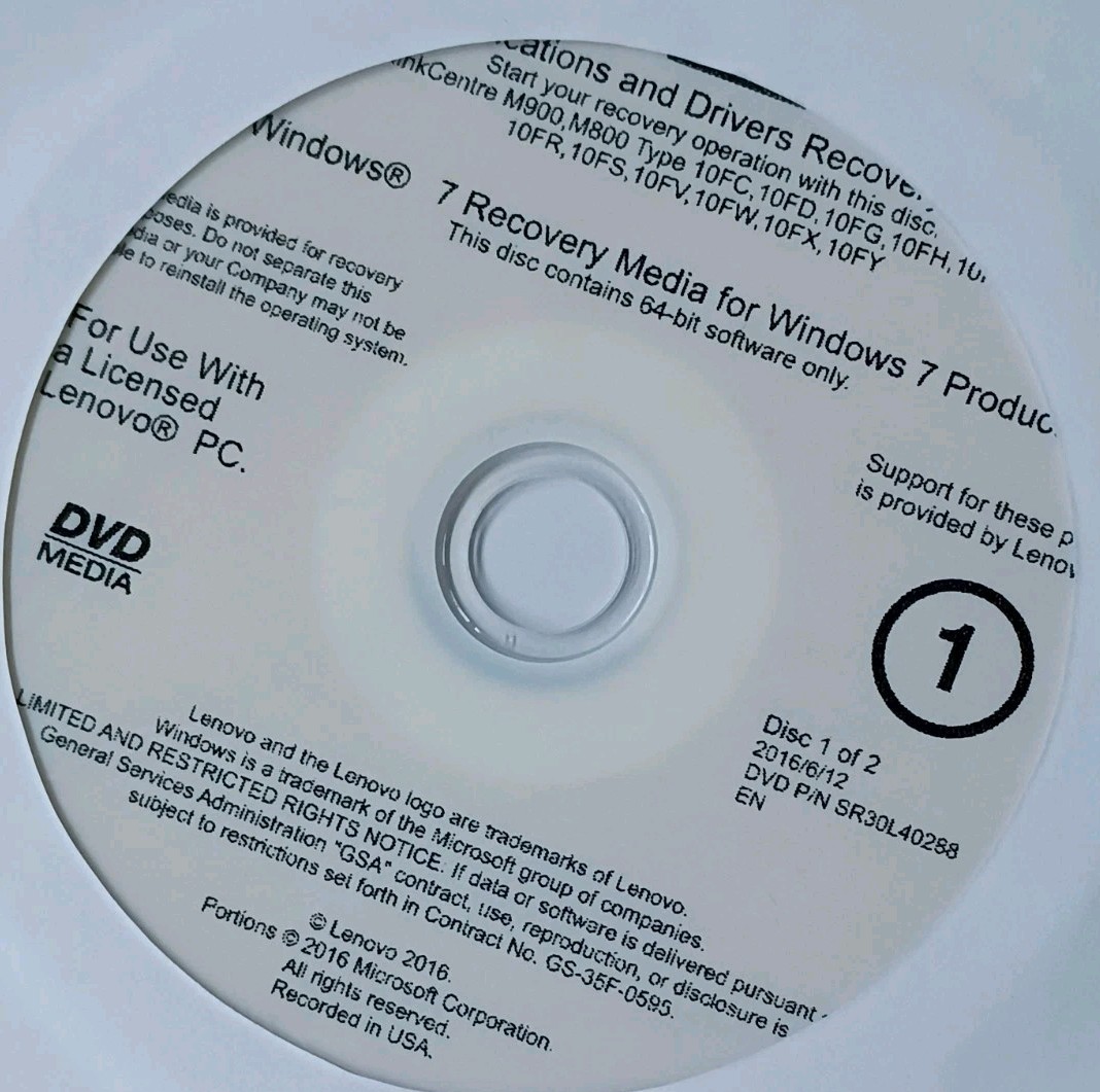 Genuine Lenovo Recovery (Reinstallation) DVD Set For Windows 7 Professional