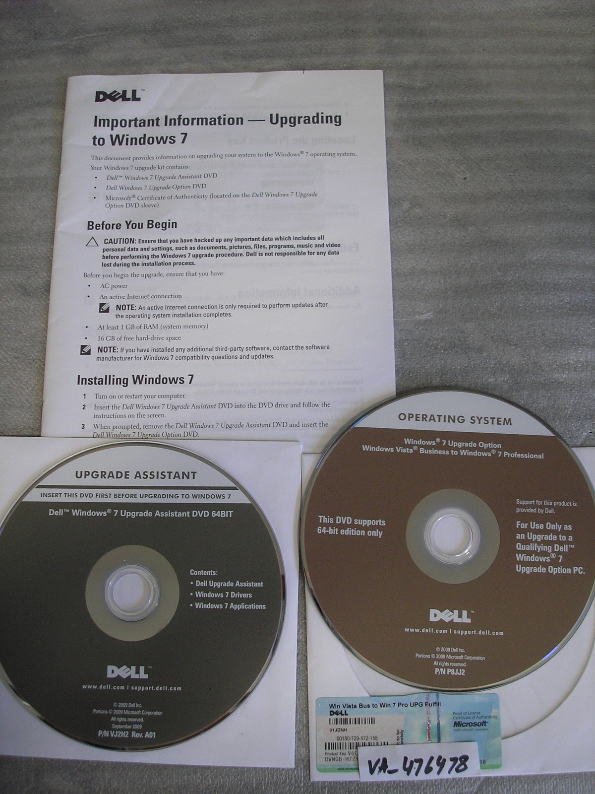 Dell Microsoft Windows Vista Bus to Win 7 Pro 64-Bit Upgrade DVD w/COA/Code=NEW=