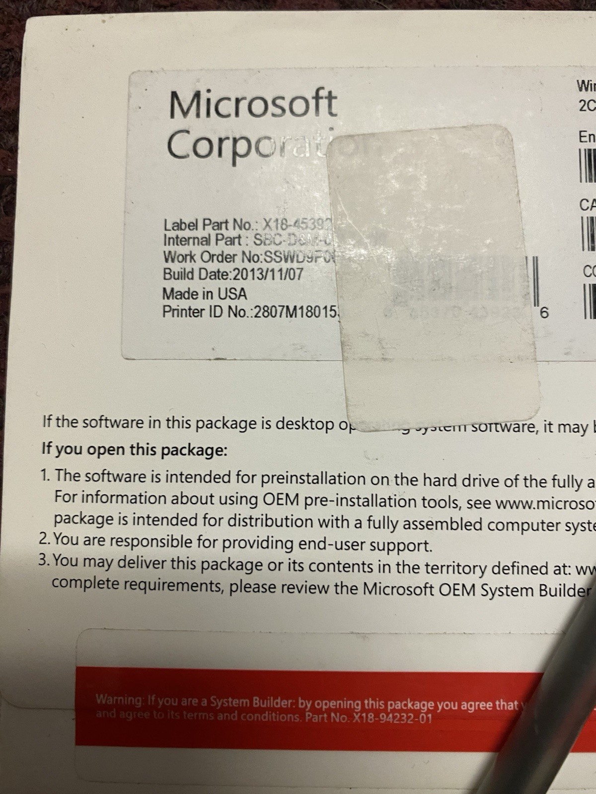 X18-45392 Microsoft Windows SVR STD 2012 x64 English Software DVD 2CPU/2VM