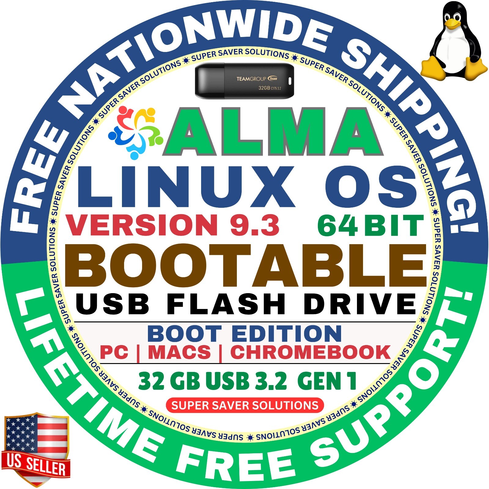 AlmaLinux 9.3 USB Flash Drive | BOOT EDITION | AMD64 for MAC & PC Alma Linux