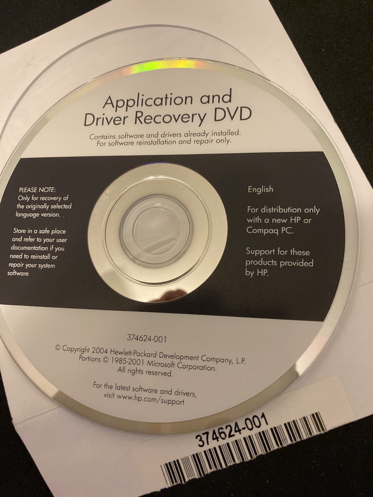 HP Application, Driver Recovery and Image DVDS for Windows 2004 No Product Key