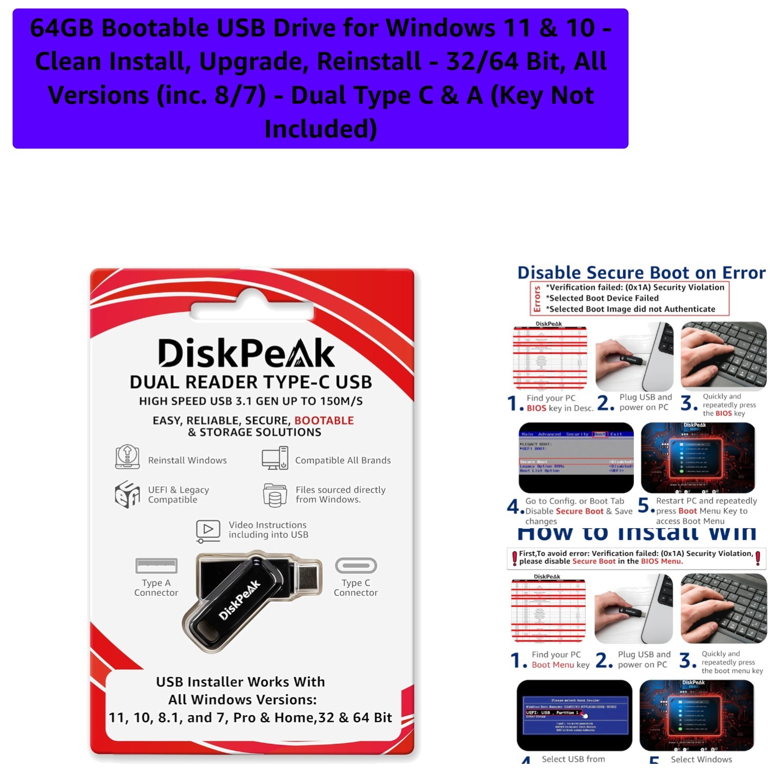 Dual Connector 64GB USB Drive – Bootable Windows Installer for PCs & Laptops