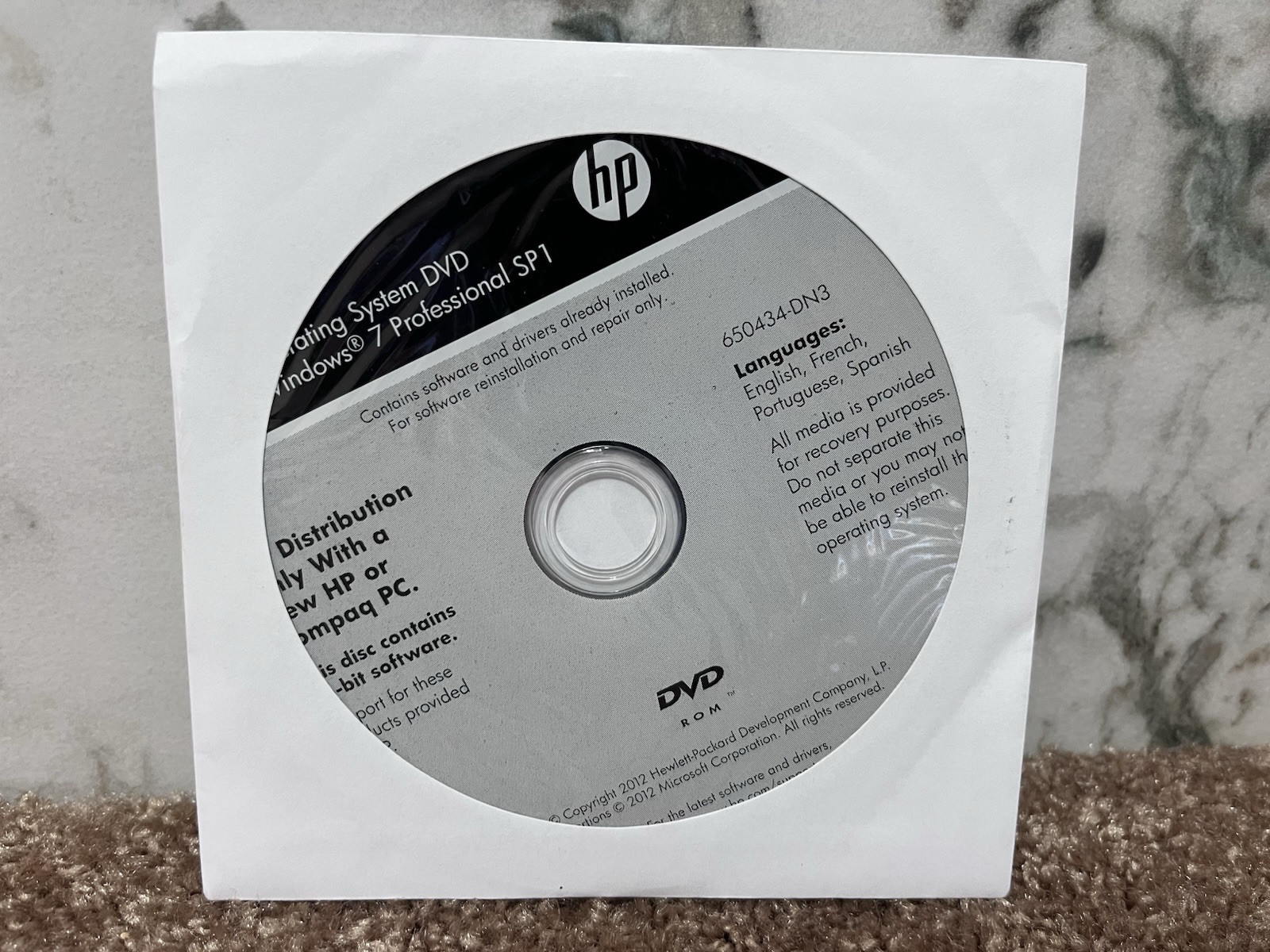 HP Operating System DVD Windows 7 Pro Sp1 64-bit No PRODUCT KEY System Recovery