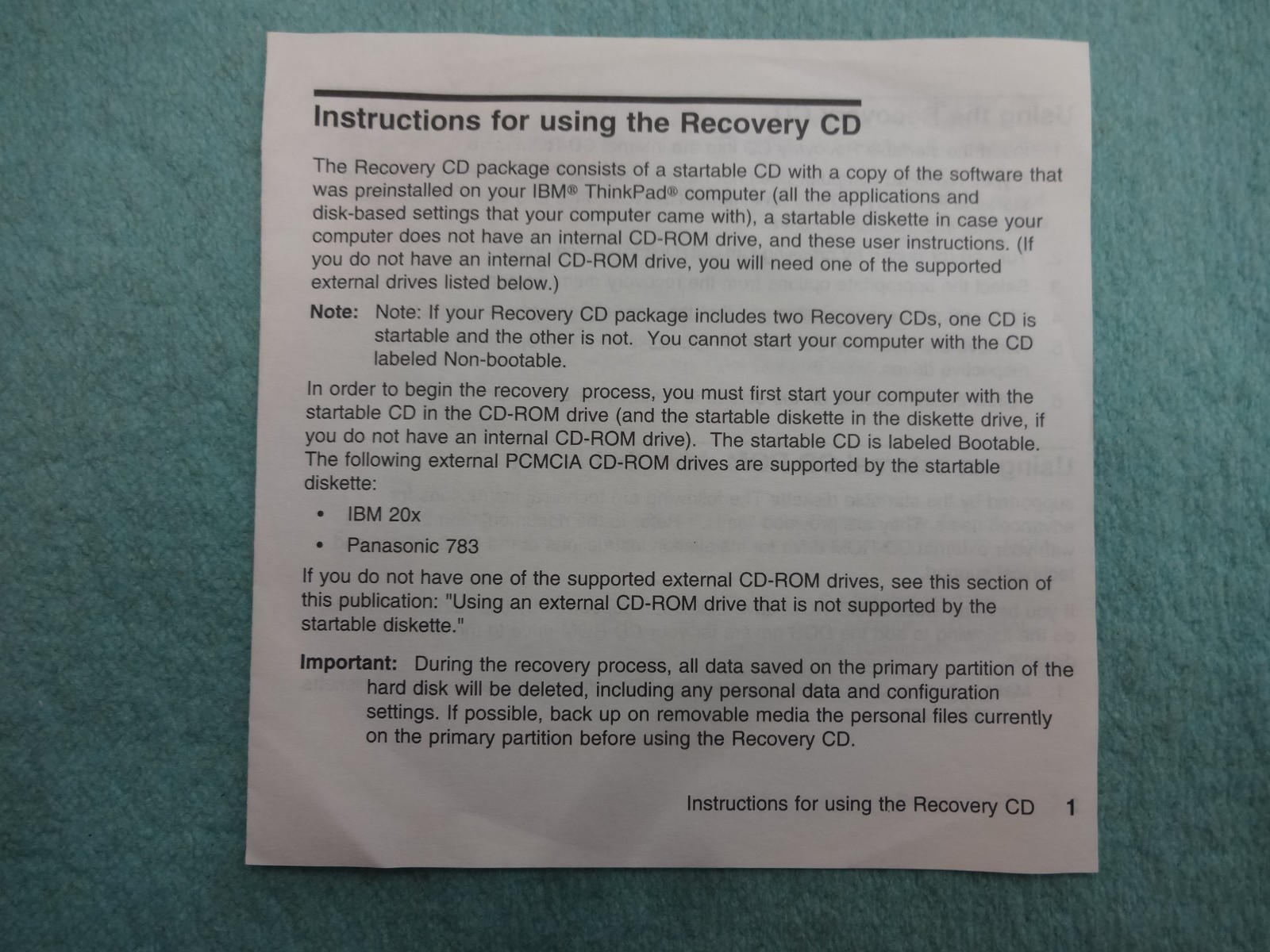 IBM ThinkPad A20m Version 1.0 Product Recovery CD-ROM 1 Windows 95 And 98